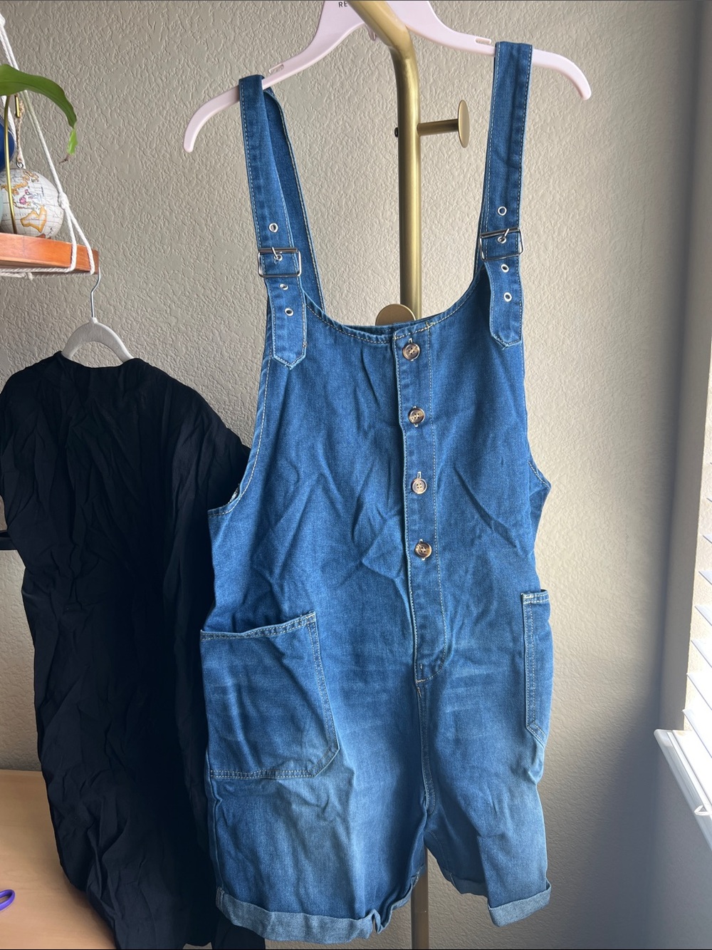 Denim Short Overalls - light Blue Denim distressed look shorts.